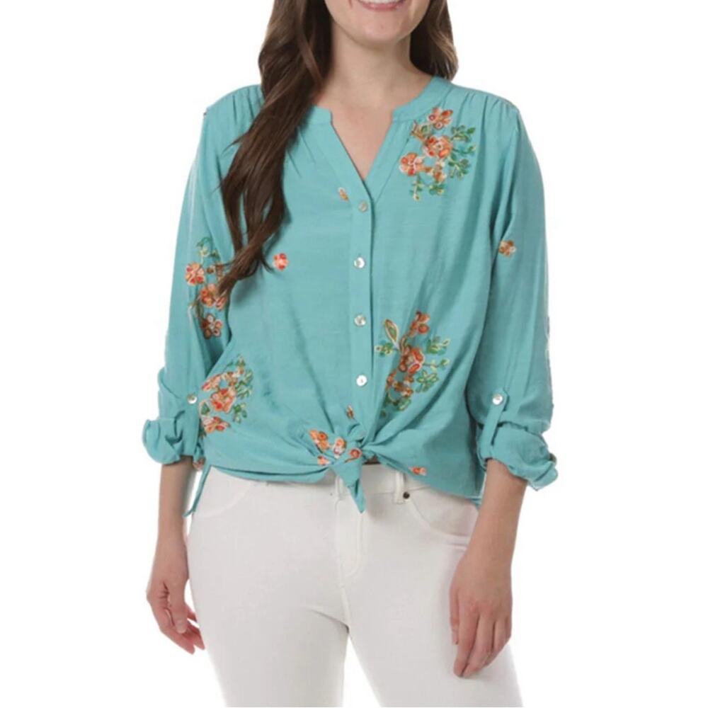 Multiples Embroidered Floral Round Split V-Neck Long Sleeve Tie Front Top Sz 1X